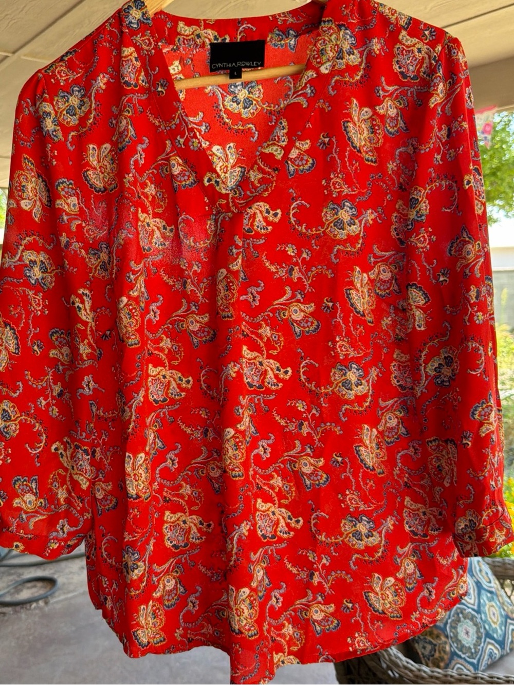 Cynthia Rowley Bright Red Paisley V-Neck Blouse 3/4 Sleeve